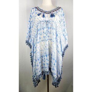 Debbie Katz South Beach Medium Blue Coverup Top Kaftan Tassel Details